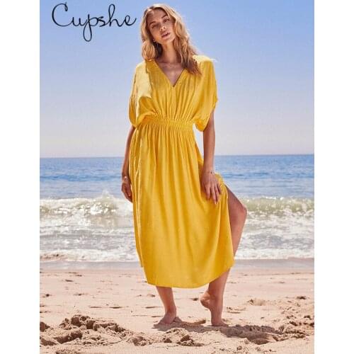 CUPSHE Solid Yellow Ruched V Neck Midi Dress For Woman Sexy Side Split Short Sleeve Dress 2021 Girl Summer Sundress Vestido