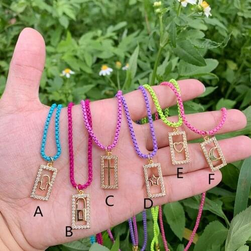 Bulk Necklace Jewelry Wholesale CZ Micro Pave Copper Gold Plated Hollow Out Square Cross/Heart Shape Enamel Rainbow Box Chain