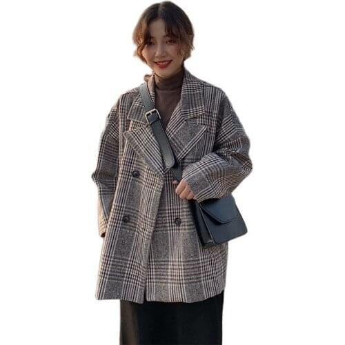 2020 Autumn Winter Long Blazer Coats Vintage Large Size Spring Womens Woolen Plaid Suit Collar Jacket Female Outterwear XA427