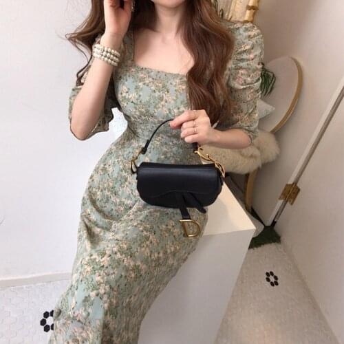 2021 Dresses Chic Korean Gentle Slim Wrap Hip Square Neck Floral Chiffon Dress Women Puff Pleated Sleeve Lace Up Vintage