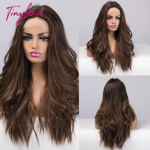 TINY LANA Long Ombre Honey Brown Lace Front Wavy Wigs Lace Frontal For America Woman Wavy Synthetic Wigs Heat Resistant Fiber