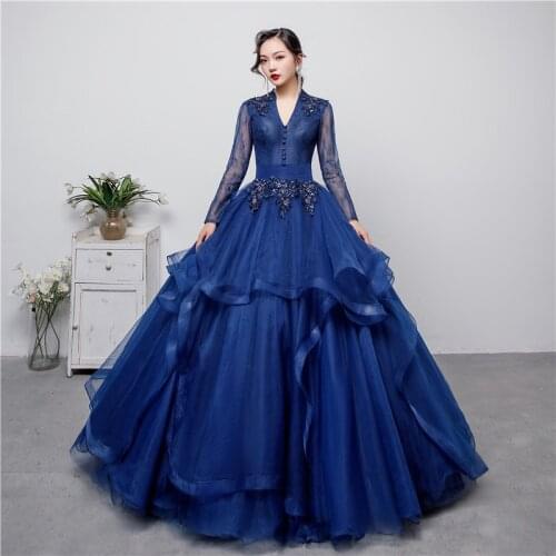 Navy blue V-neck long-sleeved tutu Evening dress bride toast formal dress banquet performance elegant wedding prom dress A152