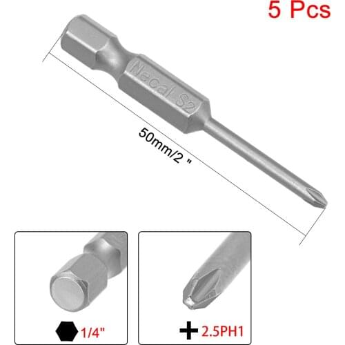 Uxcell 5Pcs 1/4-Inch Hex Shank 50mm Length Phillips 2.5PH1 Magnetic Screw Driver S2 Screwdriver Bits