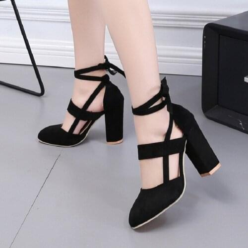 2021 Spring New Thick Heels High Heels Ankle Band Strap Hollow Womens Single Shoes Fashion Large Size Shallow Heels Size 34-43