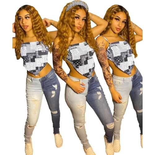 Casual Print with Apron Style Sling 2021 Summer Womens Sling Top All-match Jeans Skirt All Can Trend Clothing Sexy Fashion Top