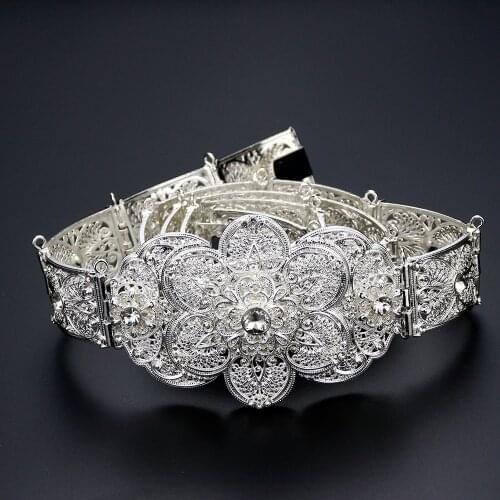 Sunspicems Vintage Morocco Women Wedding Dress Caftan Robe Belt Caucasus Waist Chain Belt Gold Silver Color Flower Body Jewelry