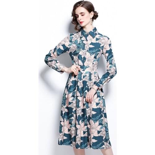 New Arrivals Spring Autumn Elegant Full Sleeve Floral Print Vintage Midi Dress Women Fashion Clothes Shirt Collar Casual Vestido