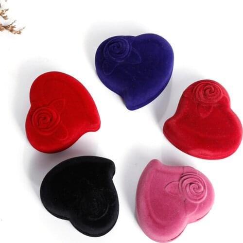 120pcs/lot Flocking Ring Boxes 6x6x4cm Rose Heart Velvet Couple Ring Box Jewelry Storage Case Gift Boxes Wholesale