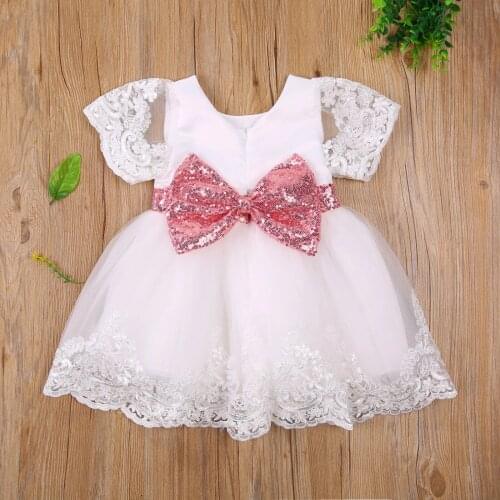 2 Colors Summer Baby Girls Party Dress Outfits 0-6Y Lace Flowers Short Sleeve Back Big Sequined Bowknot Tutu Dress