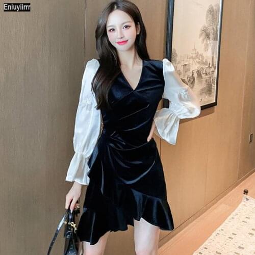 Women 2021 New Year Spring Patchwork V Neck Ruffled French Black Velvet Mini Elegant Party Dress