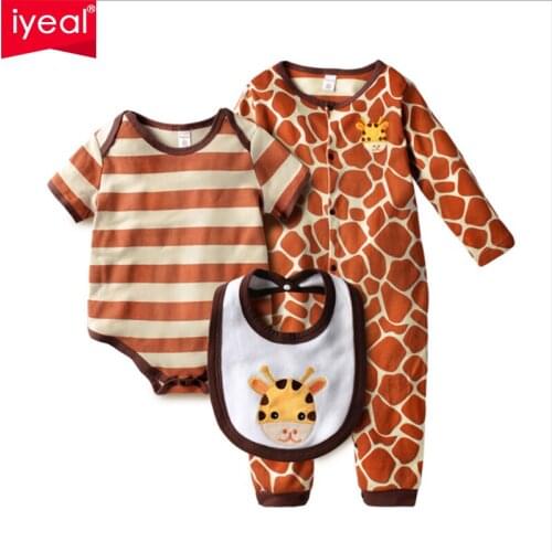 IYEAL 3Pcs/Set 0-18M Cute Animal Newborn Clothing Baby Rompers + Bib Cotton Baby Boy Girl Clothes Set Jumpsuit Roupas Pajama Set