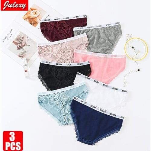 3pcs/pack Julexy Sexy Lace Women Underwear M L XL Lettere Cotton Female Briefs Lingerie Transparent Hollow Out Panties