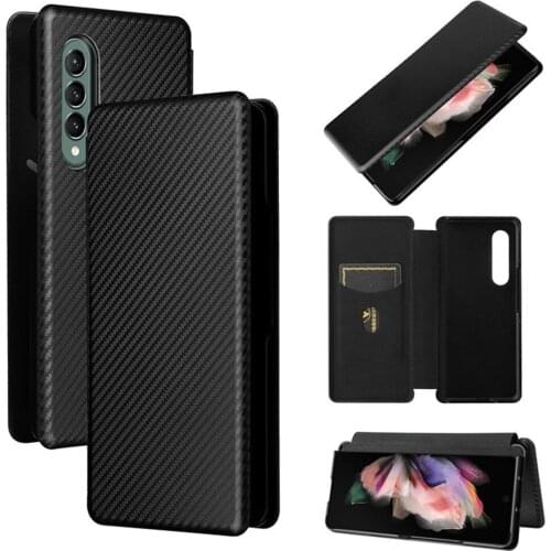 Phone Shell Carbon Fiber Leather Cover Magnetic Buckle Card Flip Phone Case for Samsung Galaxy Z Fold 3 Phone Accessories