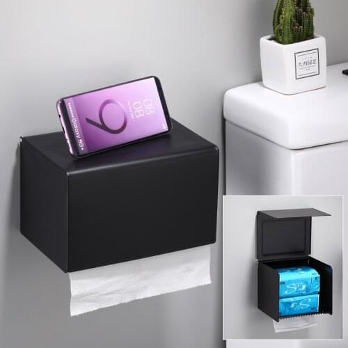 Black matte toilet paper holder box aluminum wall mounted mobile phone storage rack roll paper towel holder bathroom tissue box