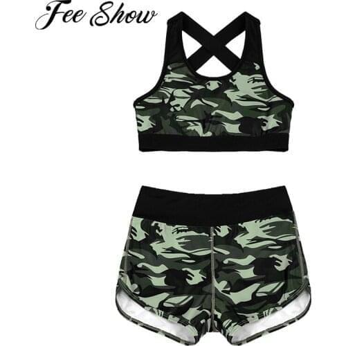 Kids Girls Sport Suit Camouflage Sleeveless Cross Back Sports Yoga Fitness Top Sport Shorts Bottom for Running Workout Dance