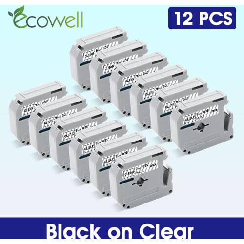 Ecowell 5/12PK MK121 labels For Brother MK-121 MK 121 M-K121 label cassette 9mm*8m Black on Clear for Brother PT-70 PT-80 PT-90