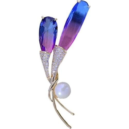 Crystal Cubic Zirconia Artificial Pearl Flower Colored Tourmaline Brooch Broach Pin For Women Jewelry Dress Accessories XR04670