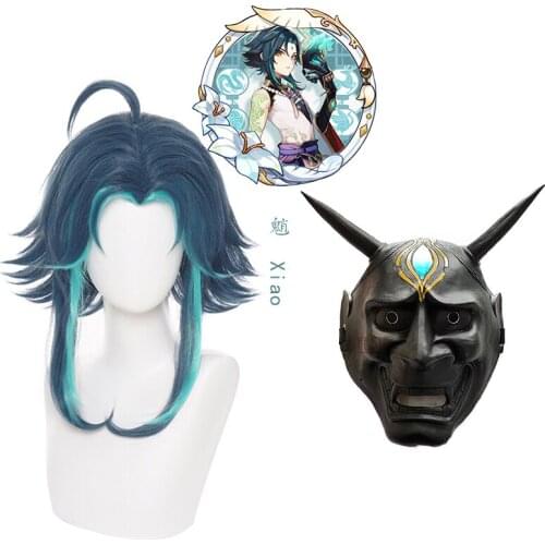 Game Genshin Impact Xiao Cosplay Wig Anime Green Blue Short Wig Heat Resistant Synthetic Hair Free Wig Cap Halloween Party Girls