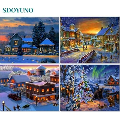 SDOYUNO DIY Oil Painting By Numbers Winter cabin 60x75cm Acrylic Paint By Numbers Scenery Frameless Number Painting On Canvas
