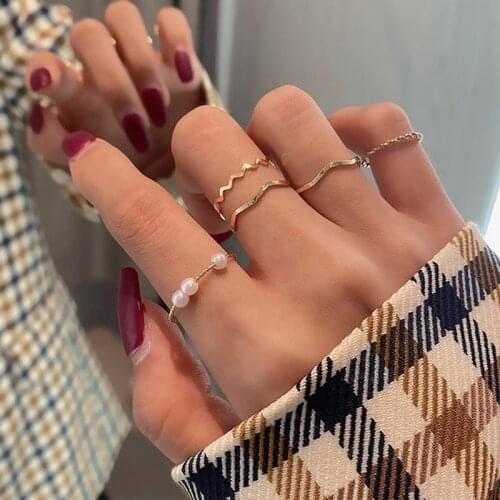 Round Wave Texture Geometric Imitation Pearl Finger Ring Set for Women Simple Elegant Wedding Adjustable Opening Ring Jewelry