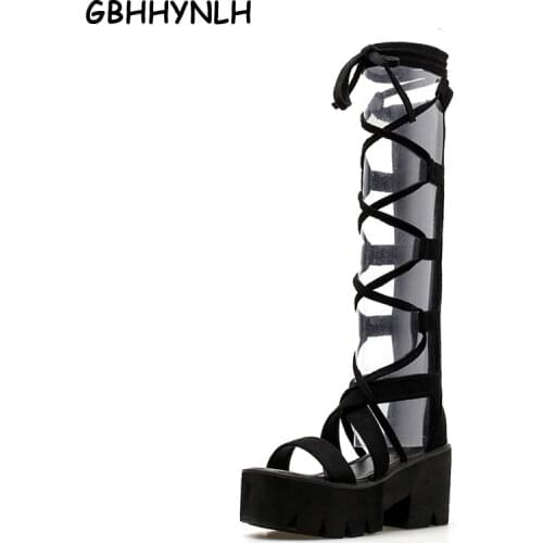 GBHHYNLH Fashion Suede Mid Calf Women Boots Lacing High Heels Platform Shoes Open Toe sandals Female Summer Booties Shoes LJA462