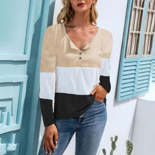 Sweatshirt Simple V Neck Stripe Autumn T-shirt Loose Autumn T-shirt Splicing for Traveling