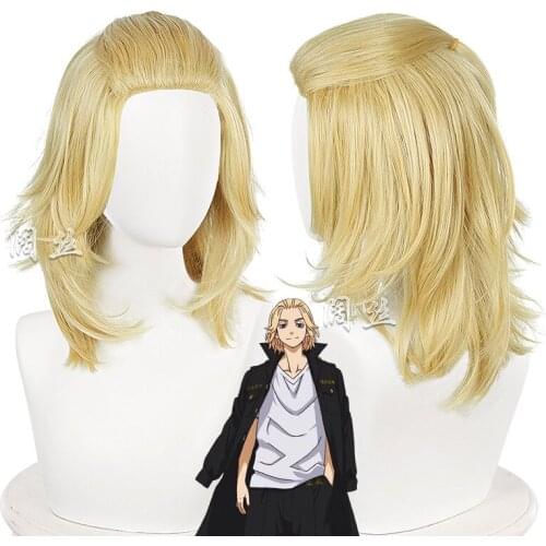 40cm 15.75" Tokyo Revengers Cosplay Wig Manjiro Sano Cosplay Headwear Golden Wig Heat Synthetic Fiber Hair Free Wig Cap Prop