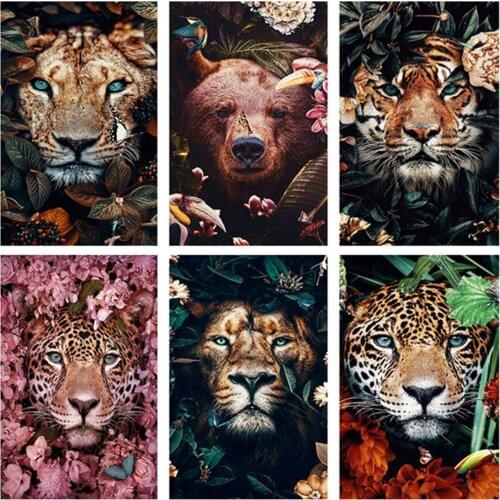 Full Round Diamond Embroidery DIY Diamond Painting Cross Stitch Drill Tiger Lion Face& Flowers Picture of Rhinestones