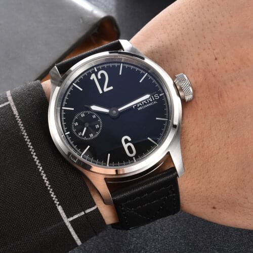 PARNIS Simple Fashional Male Mechanical Watch 6497 Movement Round Case Black Dial Leather Band