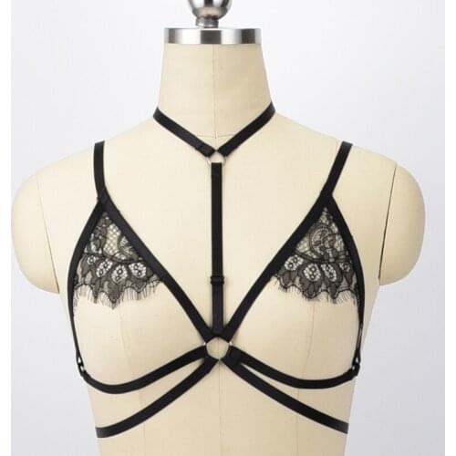 Sexy Lingerie Black Lace Cage Bra Strappy Sheer bondage Harness Goth Top Rave Open Bra Suspender Belt Harajuku Body Harness