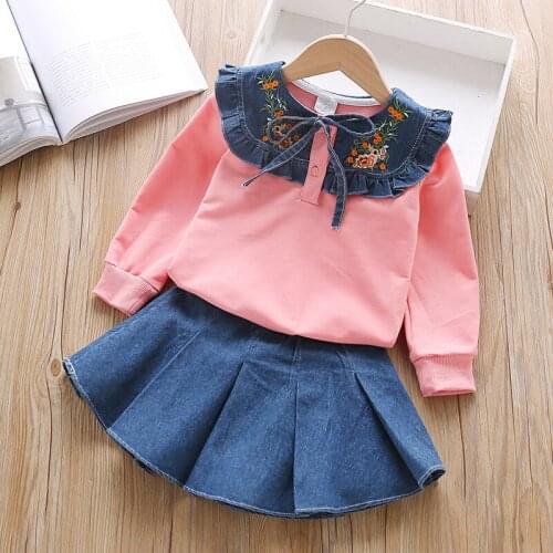 Spring Autumn Kids Girls Clothing 2 Piece Sets Doll Collar Ruffle Patchwork Shirts+Denim Mini Skirts Children Outfits 24M-6T