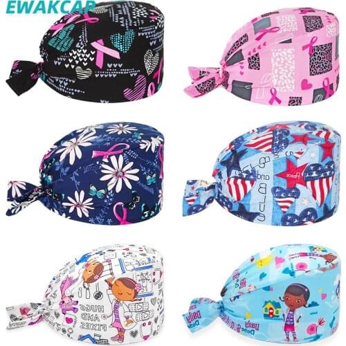 Unisex Medical Scrub Cap Printed Cotton Hospital Working Hat Adjustable Beauty Salon Dentist Clinic Pet Shop Surgical Cap