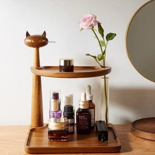 Solid Wood Lipstick Perfume Cat Shape Storage Box Desktop Household Key Rack Dressing Table Cosmetic Multi-layer Storage Shelf
