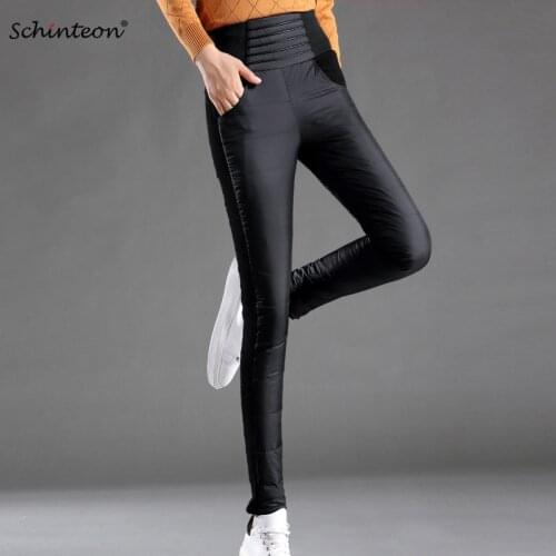 2019 New Women White Down Pants Winter High Waist Slim Warm Pencil Pants Trousers Elastic Waist Female