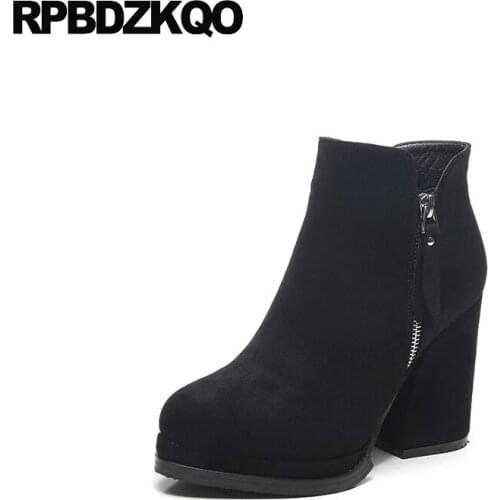 Women Boots Winter 2017 Zipper Ankle Booties Black Fashion Size 34 Shoes European Ladies Fur Chunky Suede High Heel Short Round