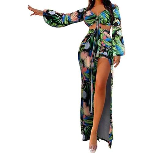 Women Leaves Print 2pcs Bikini Swimsuit Set Puff Long Sleeve Tie Knot Front Crop Top with High Waist Split Beach Skirt