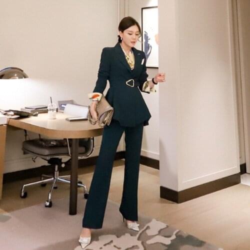 Fashion Women Blazer Pant Set Office Ladies Long section Slim Fit Jacket Autumn Winter Female 2 Piece Set Blazer Suits with belt