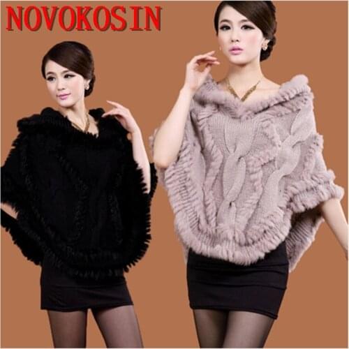 SC4 2019 4 Colors Sweater Autumn Winter Fashion Real Rabbit Fur Knitted Pullover Female Loose Poncho Black Thick Coat With Hat