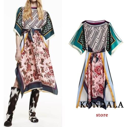 Za 2021 Vintage Floral Print Sashes Long Kimono Dress Satin Short Sleeve Loose Side Split Fashion Autumn Dress Holiday Vestido