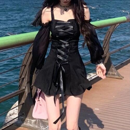 Black Bandage Gothic Clothes Women Sexy Off The Shoulder Japanese Harajuku Dress Female Party Korean Fairy Dress 2021 Chic Full