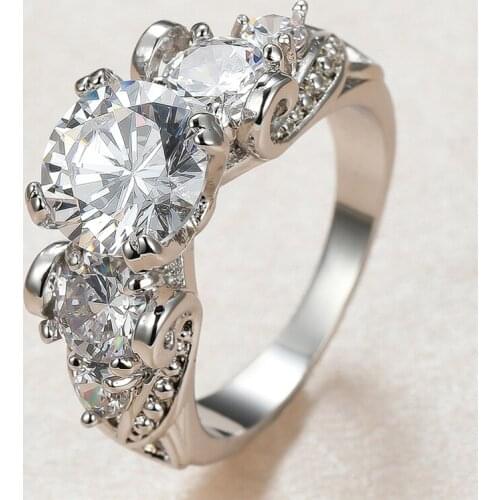 Female Luxury White Crystal Stone Ring Charm Silver Color Wedding Rings For Women Vintage Bride Round Zircon Engagement Ring