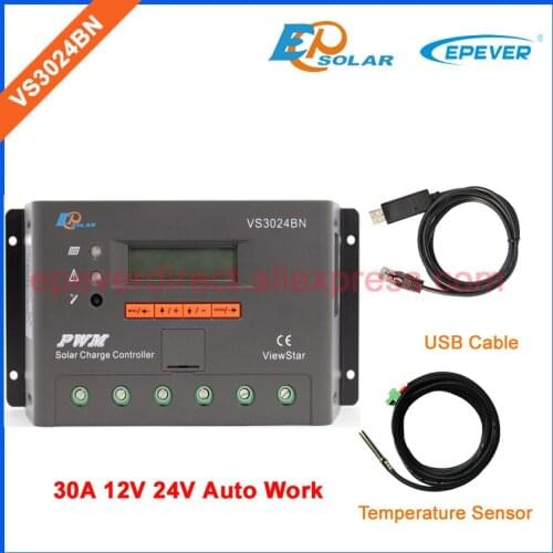 30A PWM 12V 24V Solar lcd controller 30amp EPEVER EPsolar charger regulator VS3024BN USB cable and temperature sensor