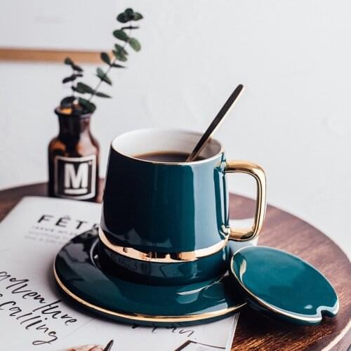European Phnom Penh Ceramic Coffee Cup With Lid Saucer and Spoon Set Retro Breakfast Milk Mugs Office Teacup Household Drinkware