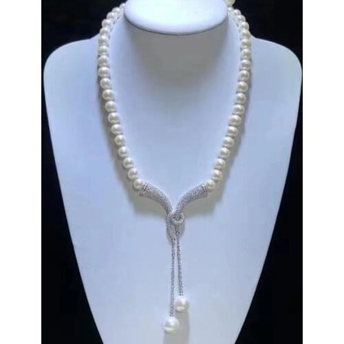 MADALENA SARARA 8mm-9mm Freshwater Pearl Round Shape Natural White Pearl With Cubic ZIrconia Pendant Necklace