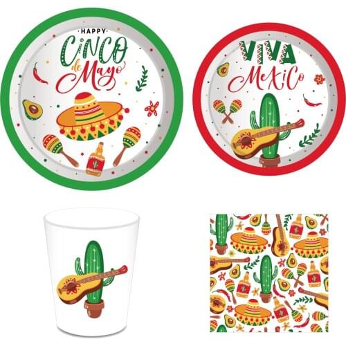 MM096 Mexico Cactus Party Holiday Tableware Disposable Plates Napkin Cups Mexican Party Favors Tableware Supplies