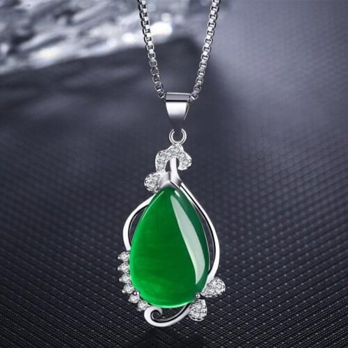 Fashion Natural Green Jade Chalcedony Water Drop Pendant 925 Silver Necklace Carved Charm Jewelry Fashion Amulet Gifts for Women