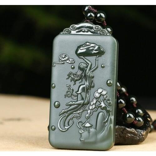 Natural jade A hetian jade handcarved nuwa Patching the Sky black jade green jade pendant jade necklace jadeite jade jewelry