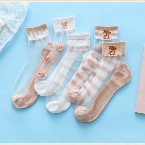 5 Pairs Women Socks Harajuku Cartoon Sock Animal Bear Lace Short Sock Casual Comfortable Transparent Elastic Female Ankle Socks