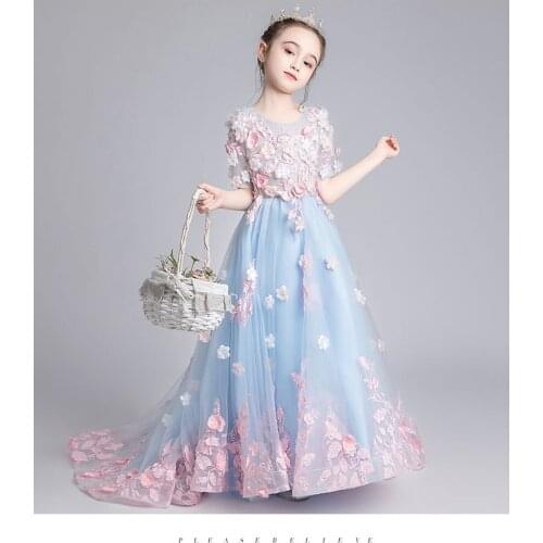 CloverBridal 2021 Flower Appliques Child 3- Child 11 Girls Dress with Train O Neck Beaded Flowers Long Flower Girl Dresses