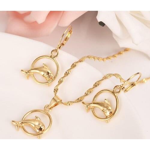 Png gold dolphin Pendants Animal pendant necklace earrings Fashion Jewelr sets For Women Accessories charms girl kids gift